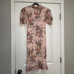 Hello Molly Pink Floral Mock Neck Ruched Bodycon Midi Dress Size Medium/US 6